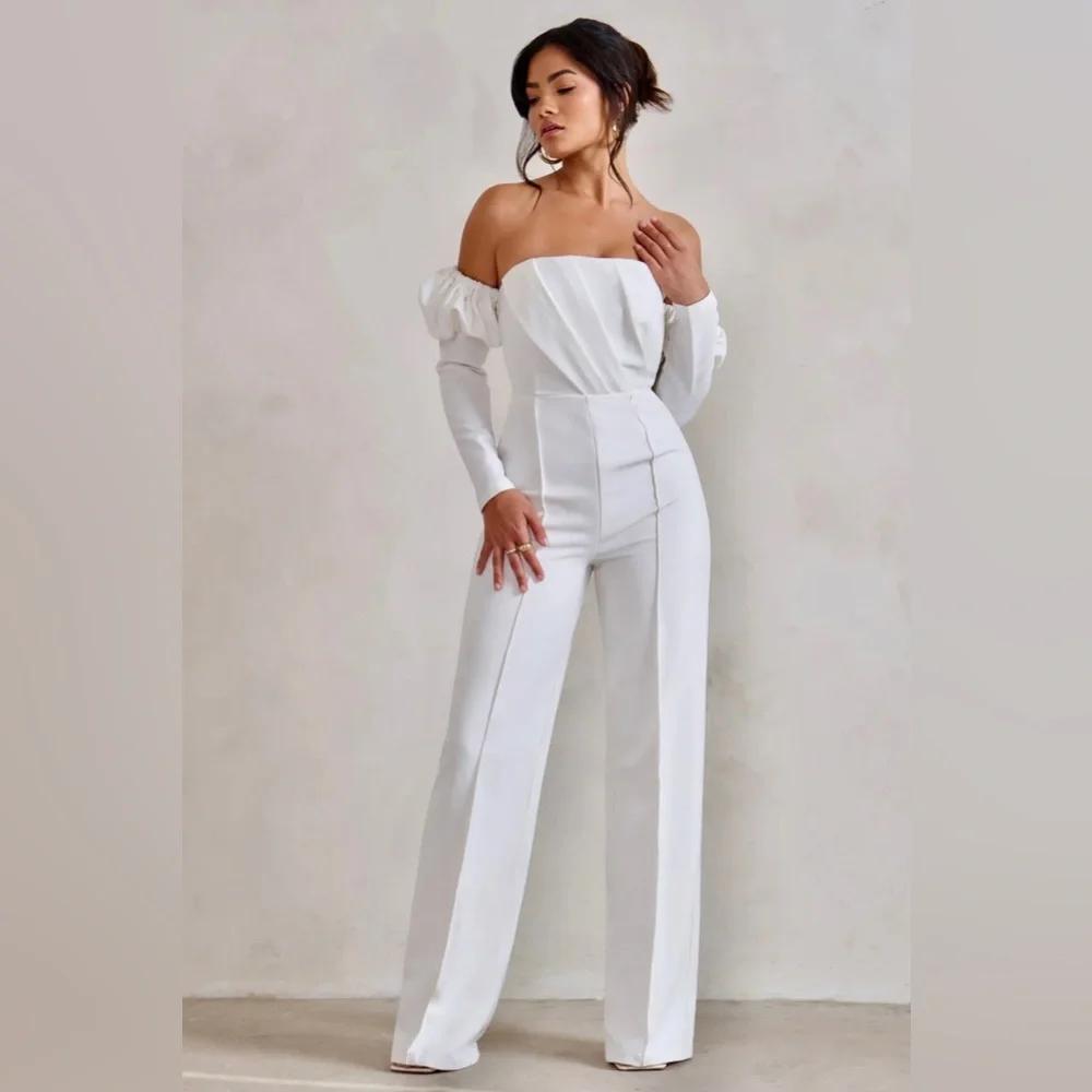 NWT Club L London off shoulder puff sleeve white ruched front jumpsuit - Picture 2 of 7